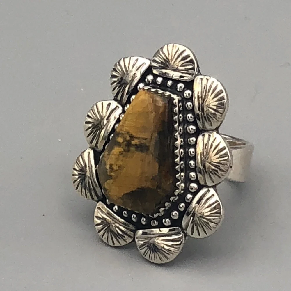 Navajo Handmade Tiger's Eye Sterling Silver Ring Size 8 Adjustable Concho Sun
